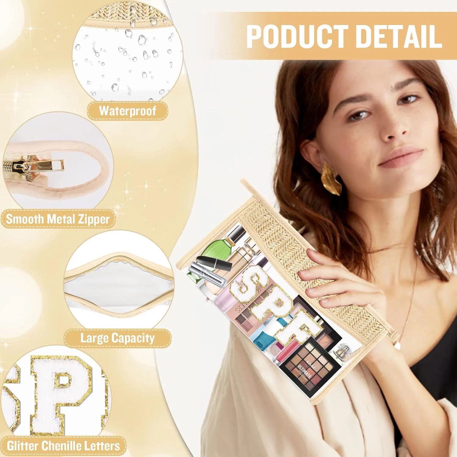 Clear Makeup Letter Patch Makeup Bag SPF Pouch, Boho Clear Toiletry Bag Travel Preppy Small Cute Stadium Letter Cosmetic Zipper Pouch Purse, Transparent Waterproof Beige Beach Makeup Pouch Clutch(SPF)