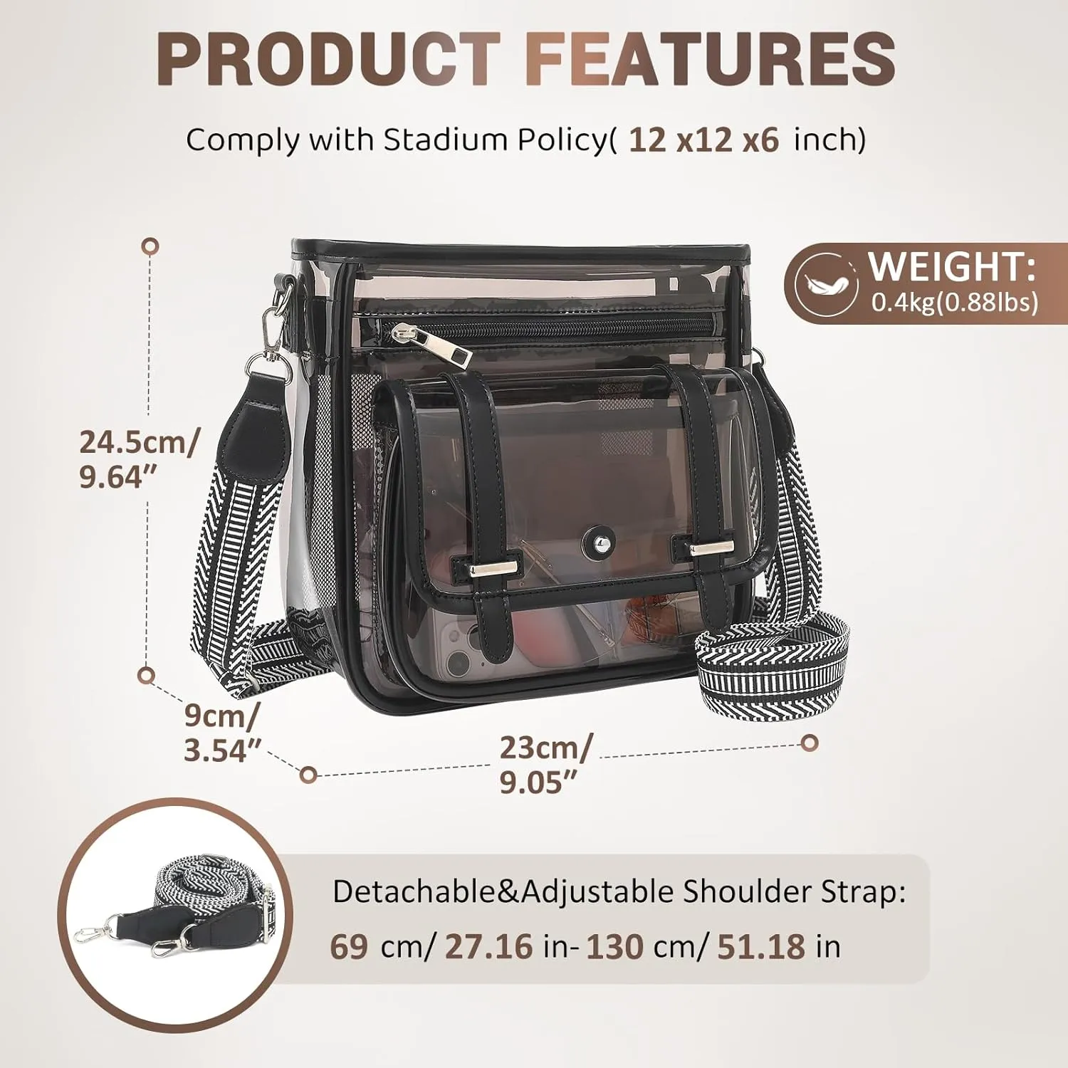Clear Purse, PVC Clear Crossbody Bags for Women Heavy Duty Transparent Bag for Stadium Events See Through Concert Bag