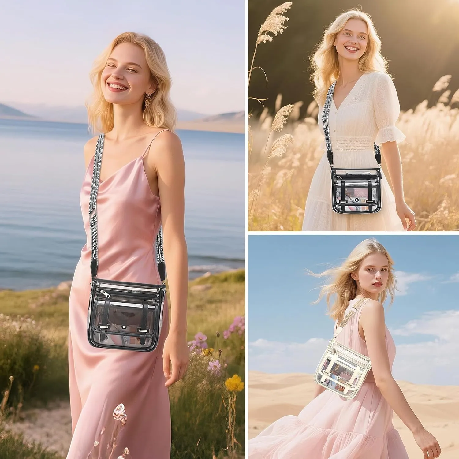 Clear Purse, PVC Clear Crossbody Bags for Women Heavy Duty Transparent Bag for Stadium Events See Through Concert Bag