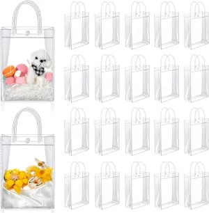 Clear PVC Gift Bags with Handles Reusable Plastic Wrap Tote Transparent Shopping Bags for Christmas Party Favors Weddings Merchandise Retail Small Business, 9 x 6.7 x 2.6 Inches(100 Pieces)