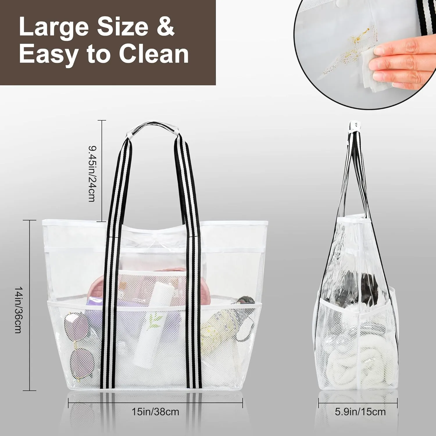 Clear Tote for Women, Extra Large Beach Bag, Stadium Waterproof PVC Mesh Bag for Travel, Pool, Cruise, Work, Gym, Vacation
