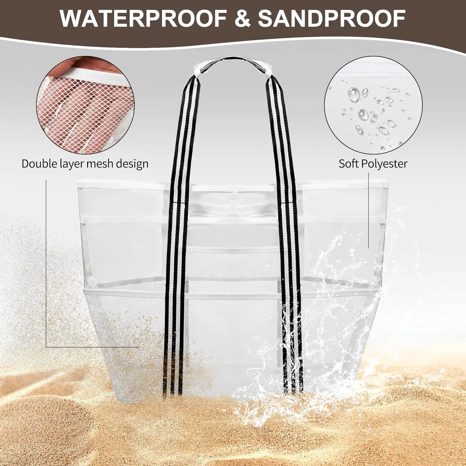 Clear Tote for Women, Extra Large Beach Bag, Stadium Waterproof PVC Mesh Bag for Travel, Pool, Cruise, Work, Gym, Vacation