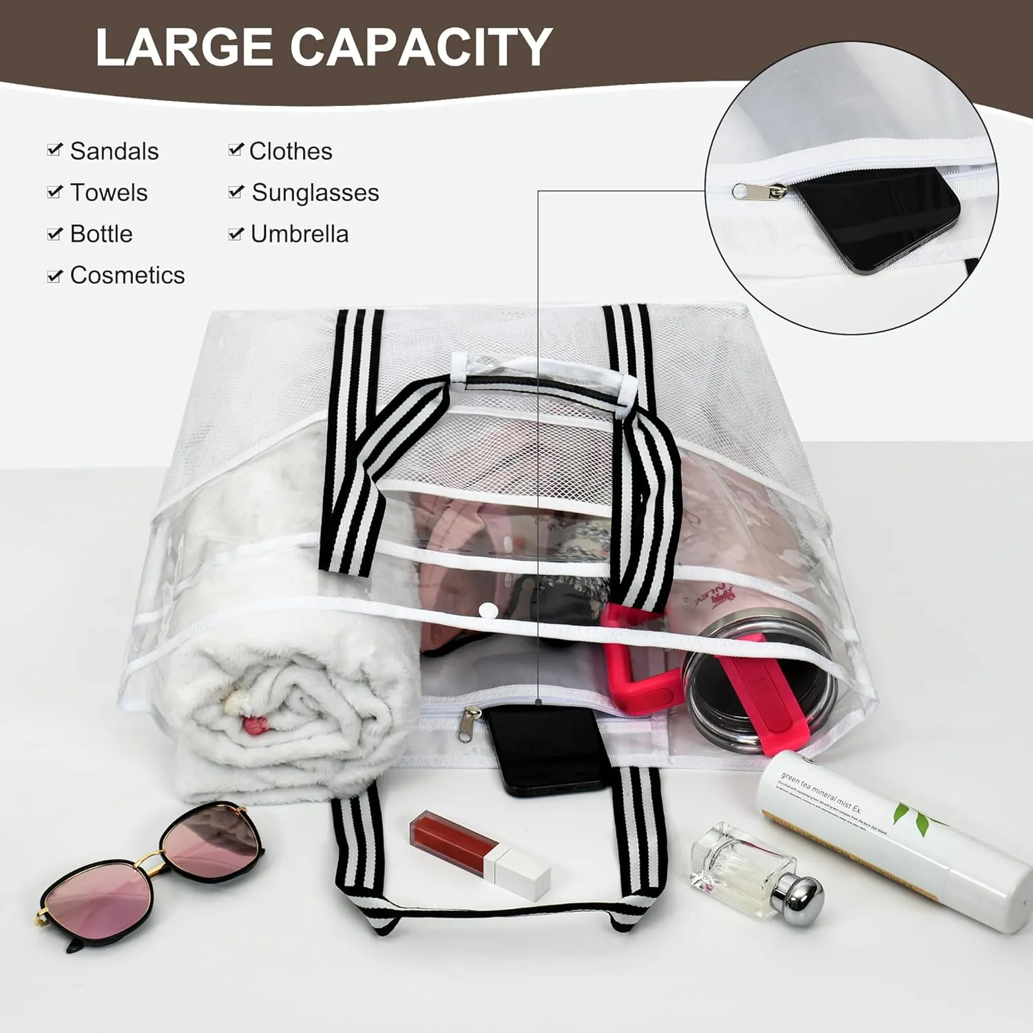 Clear Tote for Women, Extra Large Beach Bag, Stadium Waterproof PVC Mesh Bag for Travel, Pool, Cruise, Work, Gym, Vacation