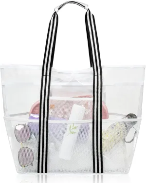 Clear Tote for Women, Extra Large Beach Bag, Stadium Waterproof PVC Mesh Bag for Travel, Pool, Cruise, Work, Gym, Vacation