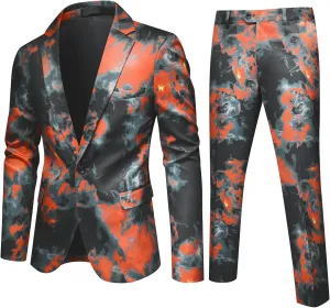 Cloudstyle Mens 2 Piece Print Suit Floral Party Dress Jacket Slim 2 Button Blazer Pants