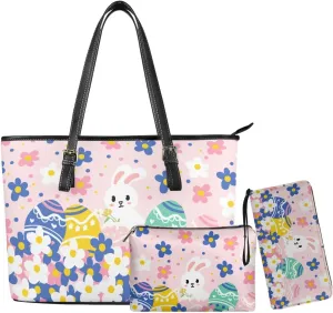 Coldinair 3PCS Easter Handbag Set for Women,Purse Sets for Women,Leather Shoulder Bag Satchel Handbag Tote Bags