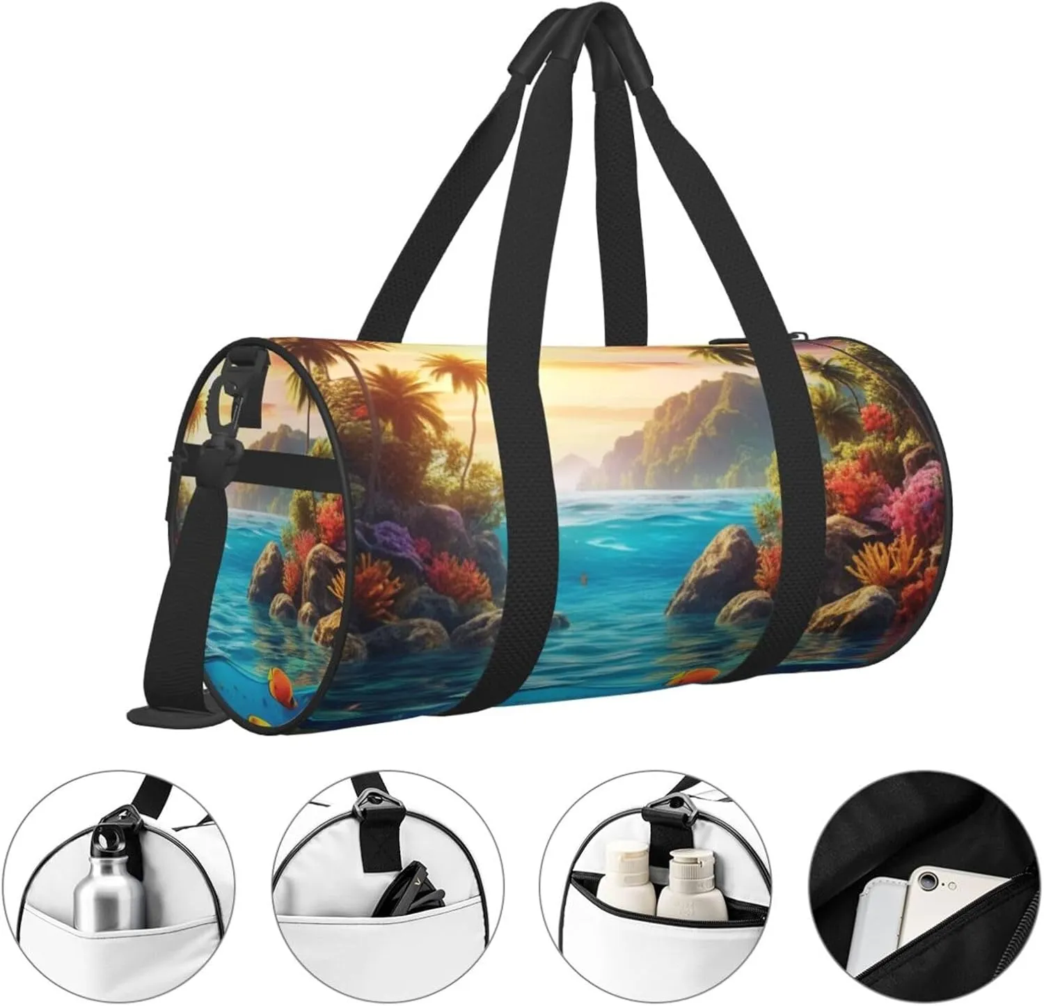 Colorful 3D Nature Scenic of Sea Underwater of Tropical Fishes Printed Travel Bag,Round Personal Item Storage bag,Foldie Duffel Bag for Traveling Vacation,Fitness,Sports