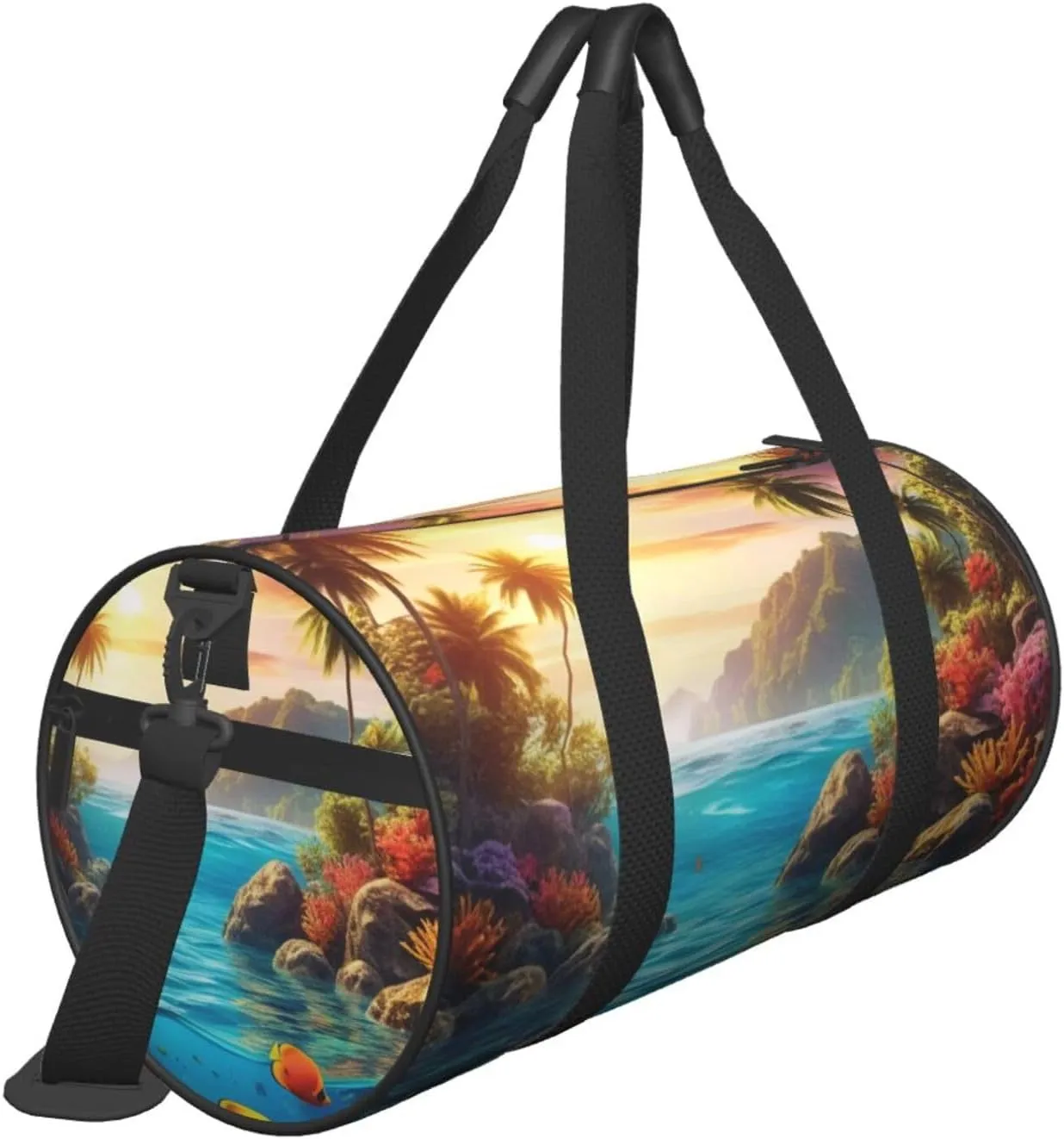 Colorful 3D Nature Scenic of Sea Underwater of Tropical Fishes Printed Travel Bag,Round Personal Item Storage bag,Foldie Duffel Bag for Traveling Vacation,Fitness,Sports