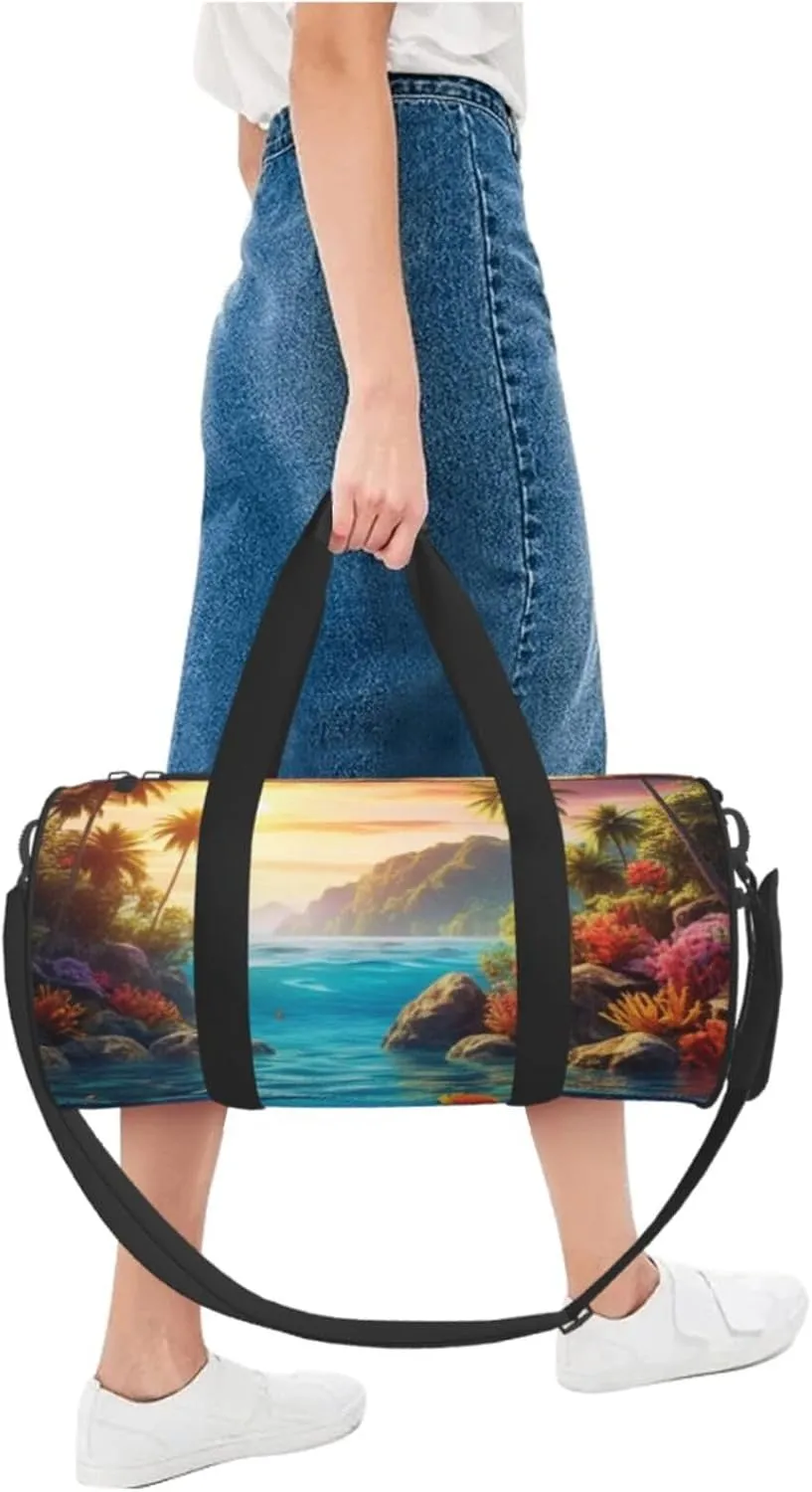 Colorful 3D Nature Scenic of Sea Underwater of Tropical Fishes Printed Travel Bag,Round Personal Item Storage bag,Foldie Duffel Bag for Traveling Vacation,Fitness,Sports