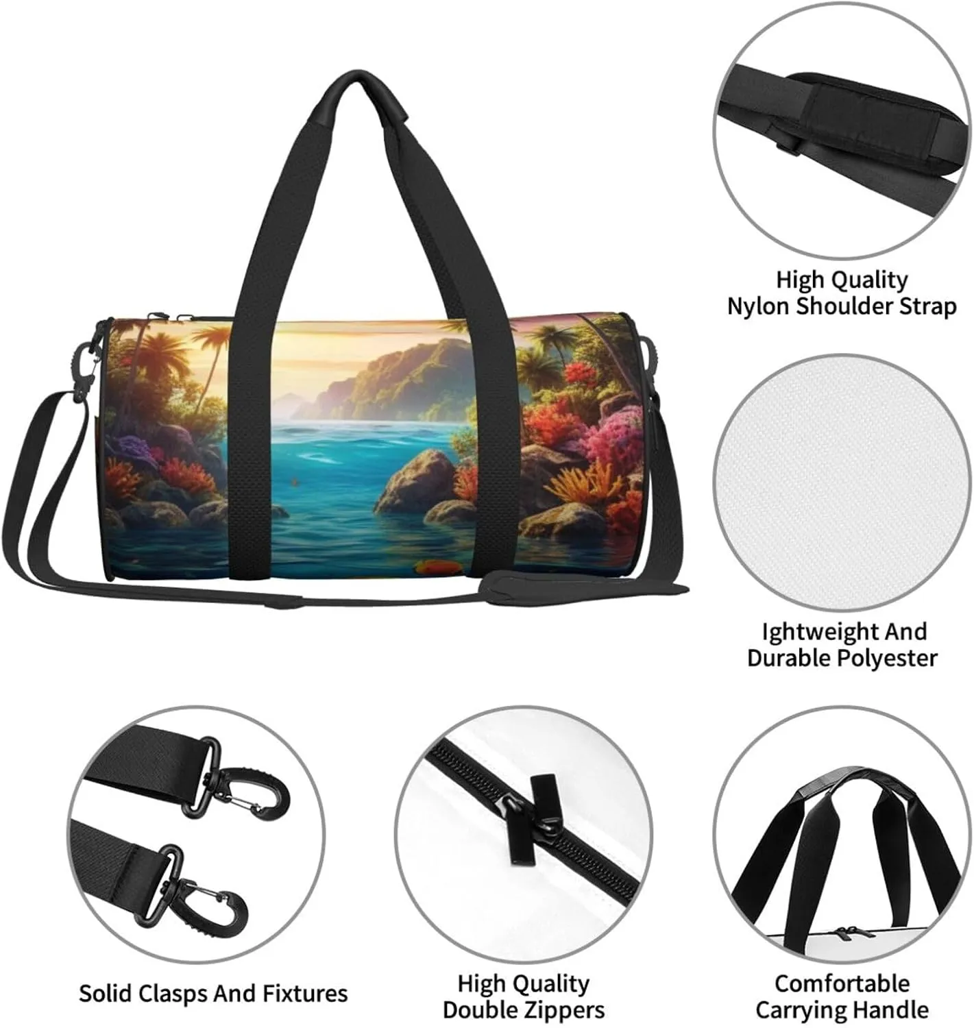 Colorful 3D Nature Scenic of Sea Underwater of Tropical Fishes Printed Travel Bag,Round Personal Item Storage bag,Foldie Duffel Bag for Traveling Vacation,Fitness,Sports