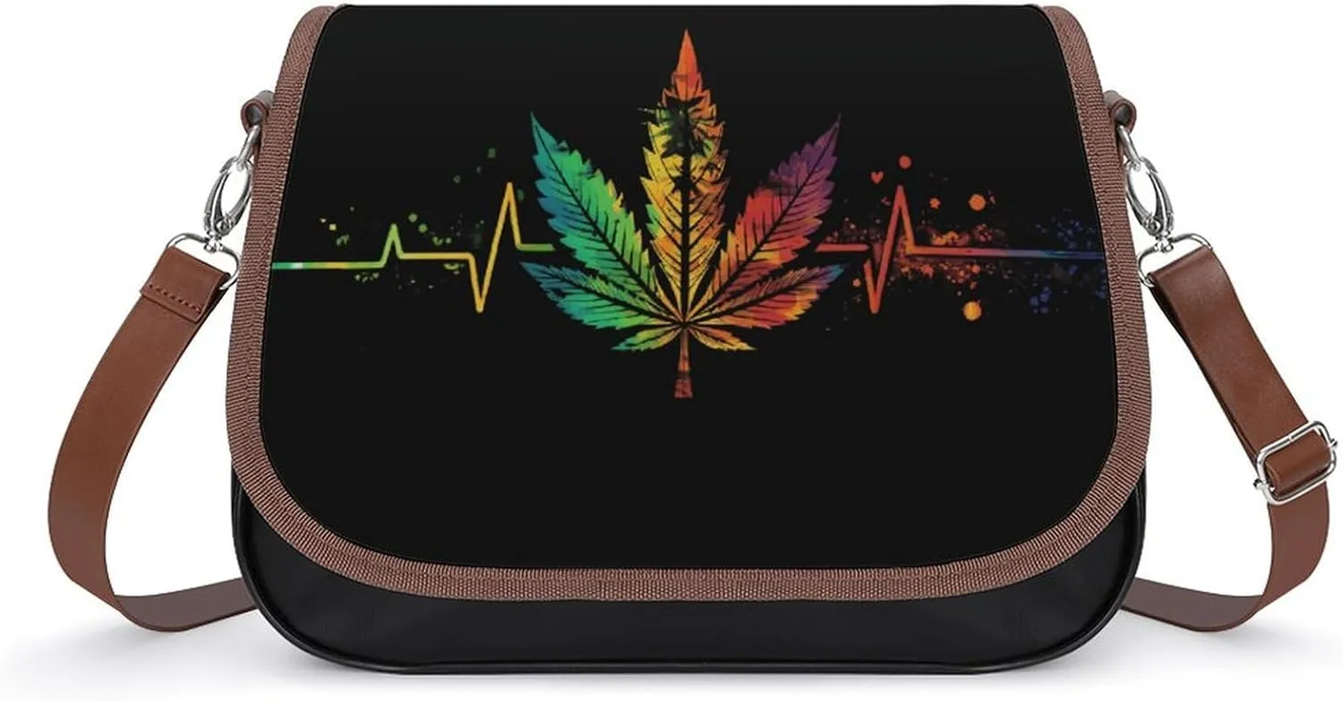 Colorful Tie Dye Weed Heartbeat Women‘s Crossbody Bags Fashion Message Shoulder Handbag with Adjustable Strap for Travel Office