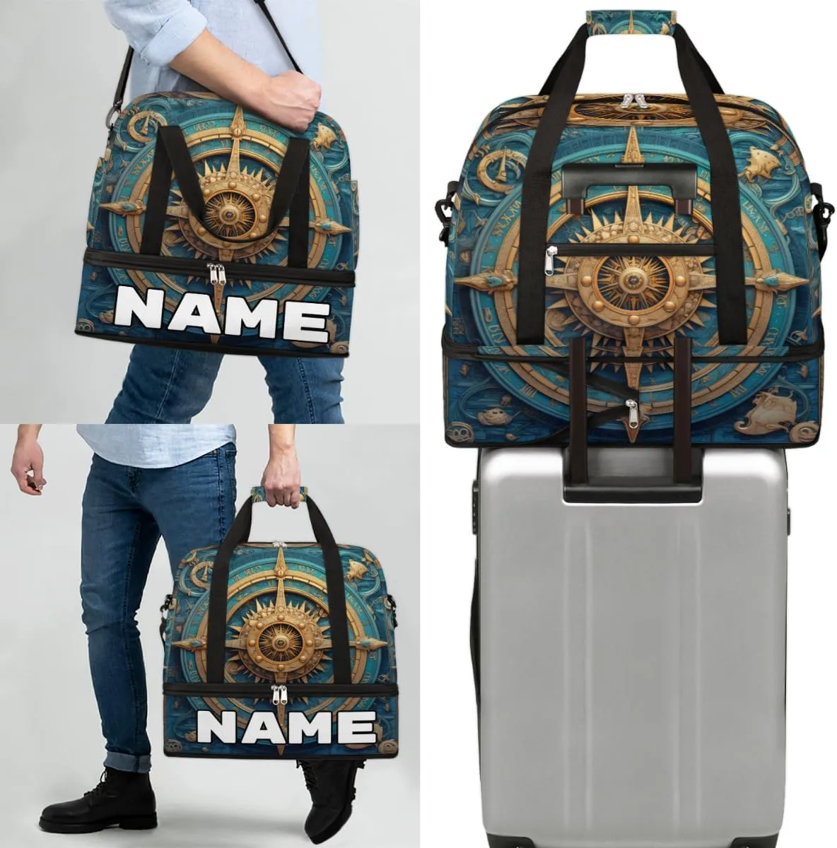 Compass Printed Custom Foldable Duffle Bag with Shoes Compartment Personalized Large Capacity Waterproof Travel Weekender Bag Overnight Bag for Sports Gym