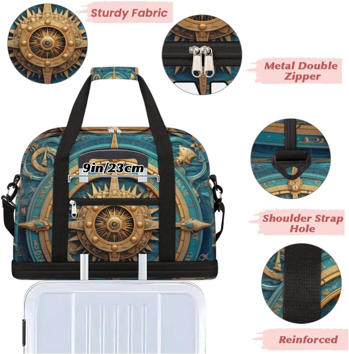 Compass Printed Custom Foldable Duffle Bag with Shoes Compartment Personalized Large Capacity Waterproof Travel Weekender Bag Overnight Bag for Sports Gym