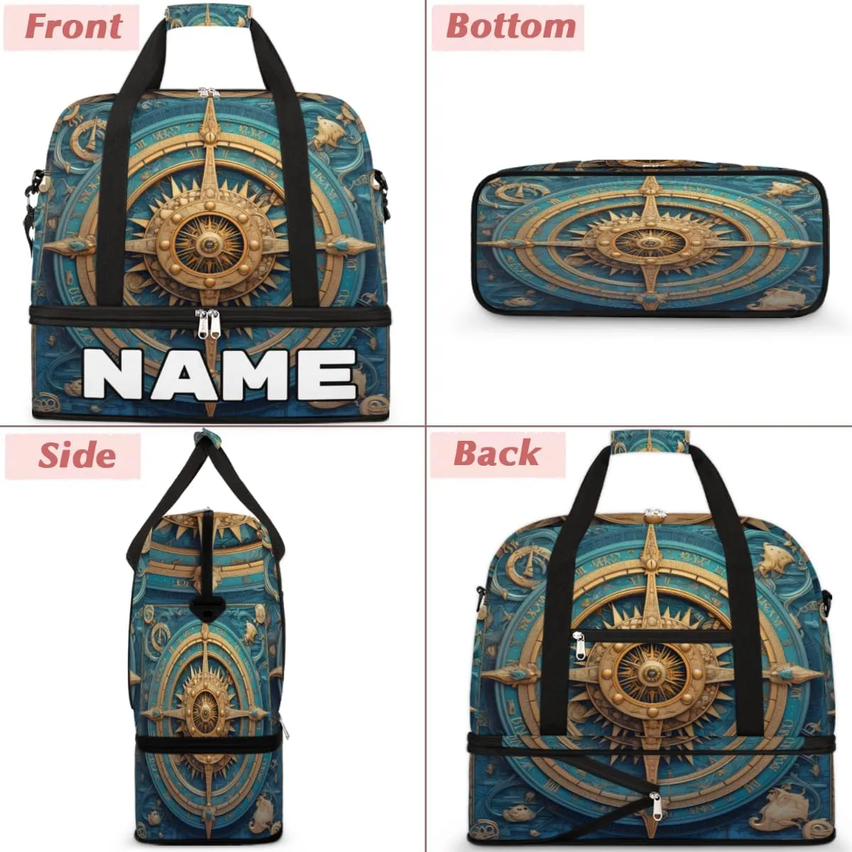 Compass Printed Custom Foldable Duffle Bag with Shoes Compartment Personalized Large Capacity Waterproof Travel Weekender Bag Overnight Bag for Sports Gym