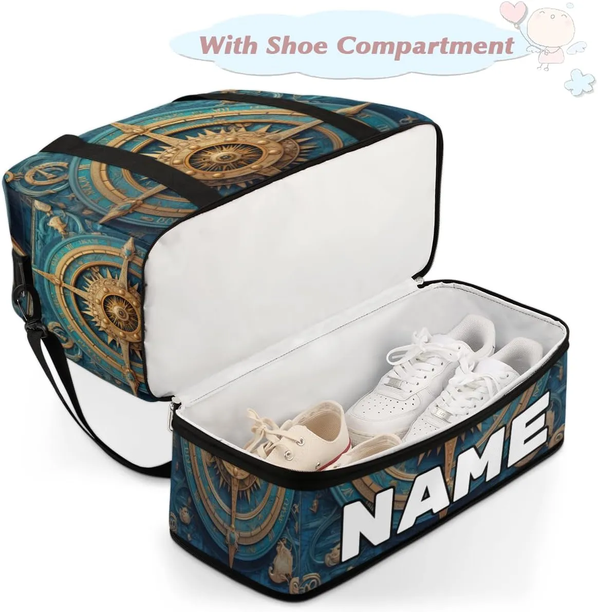 Compass Printed Custom Foldable Duffle Bag with Shoes Compartment Personalized Large Capacity Waterproof Travel Weekender Bag Overnight Bag for Sports Gym