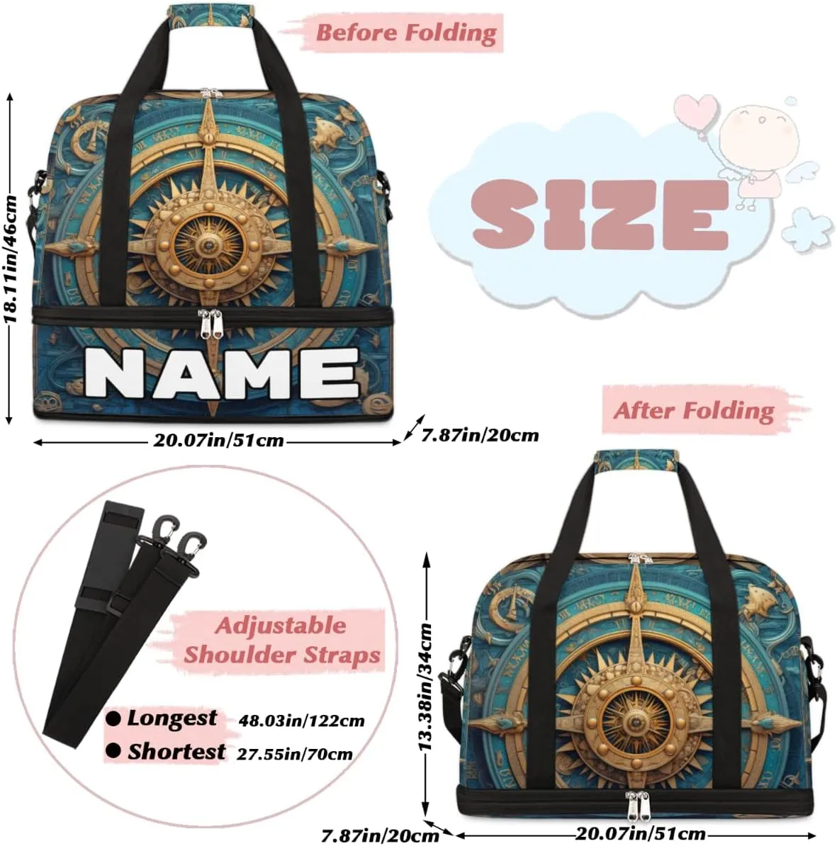 Compass Printed Custom Foldable Duffle Bag with Shoes Compartment Personalized Large Capacity Waterproof Travel Weekender Bag Overnight Bag for Sports Gym
