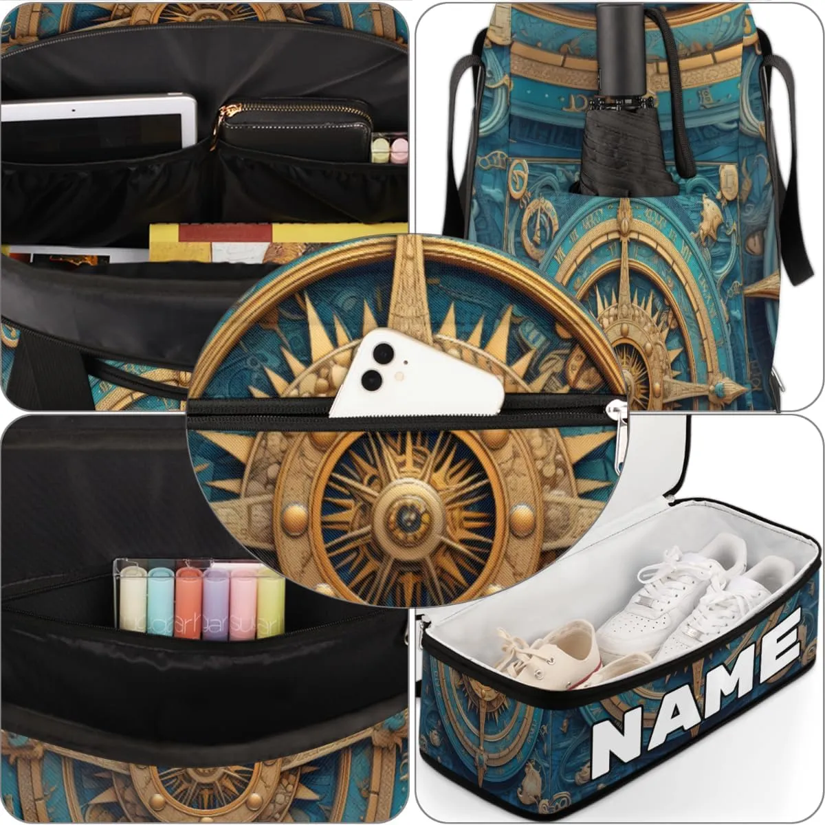 Compass Printed Custom Foldable Duffle Bag with Shoes Compartment Personalized Large Capacity Waterproof Travel Weekender Bag Overnight Bag for Sports Gym