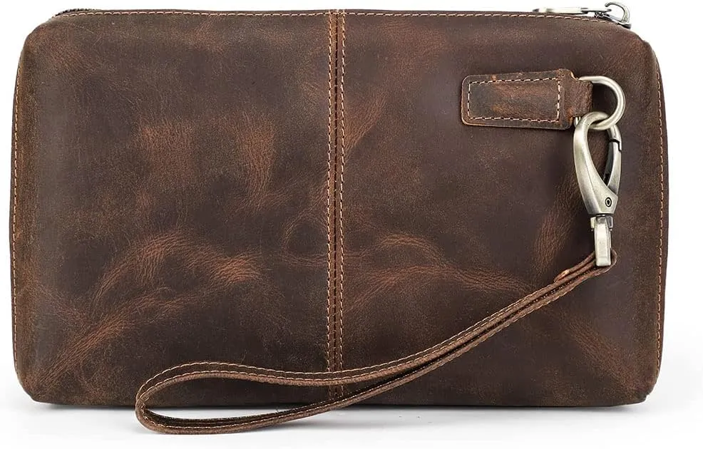 Contacts Mens Clutch Bag Leather Wallet, Crazy Horse Leather Vintage Clutch Wallet for Men Travel Wristlet Handbag Card Holder Phone Checkbook Purse