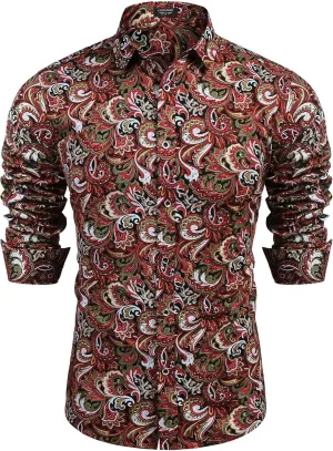 COOFANDY Men's Paisley Cotton Long Sleeve Shirt Floral Print Casual Retro Button Down Shirt