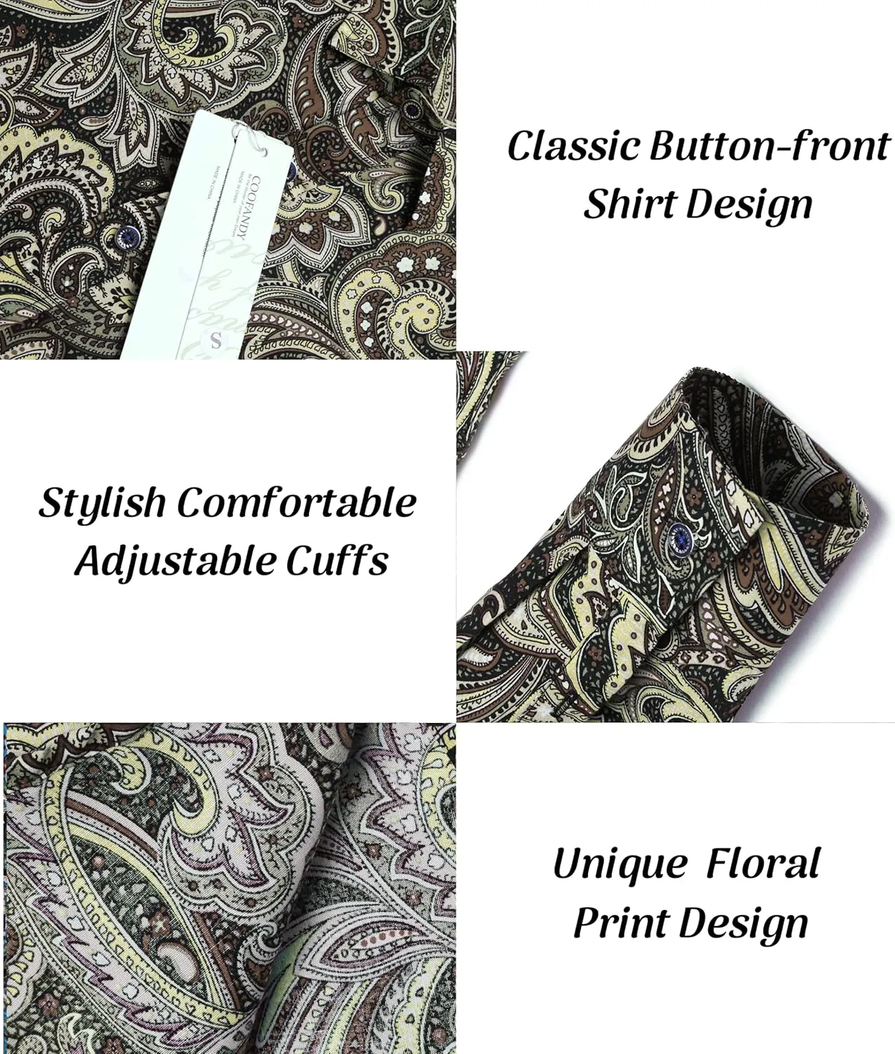 COOFANDY Men's Paisley Cotton Long Sleeve Shirt Floral Print Casual Retro Button Down Shirt