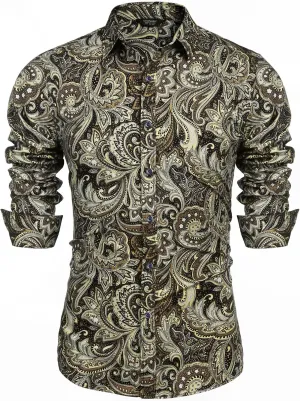COOFANDY Men's Paisley Cotton Long Sleeve Shirt Floral Print Casual Retro Button Down Shirt