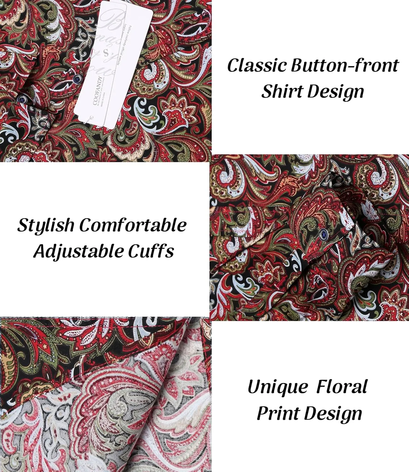 COOFANDY Men's Paisley Cotton Long Sleeve Shirt Floral Print Casual Retro Button Down Shirt