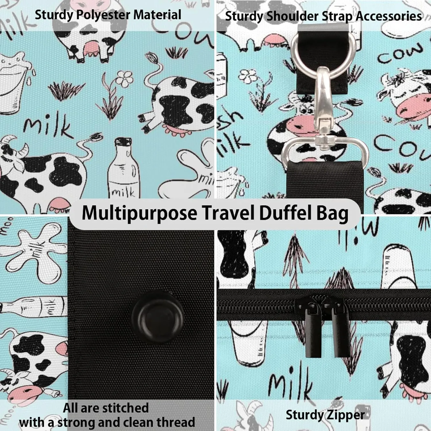 Cow Travel Duffle Bag, Weekender Bags for Women Men, Carry on Overnight Bag Waterproof Gym Bags, Hospital Bag for Labor and Delivery