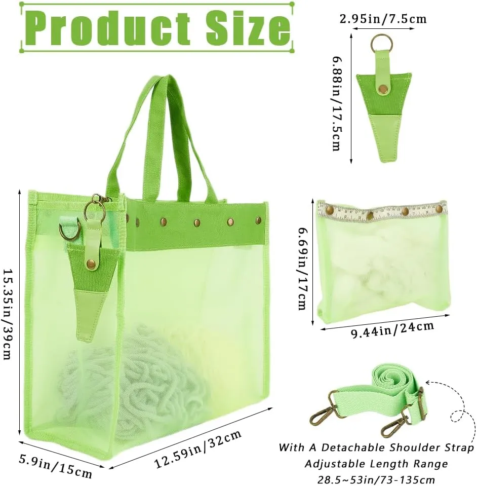 CRASPIRE Yarn Storage Bag Lightweight Mesh Yarn Bag with Case Detachable Shoulder Strap Ruler Scale Buckle Imitation Leather Keychain Portable Knitting Organizer for Knitting Crochet Supplies Green