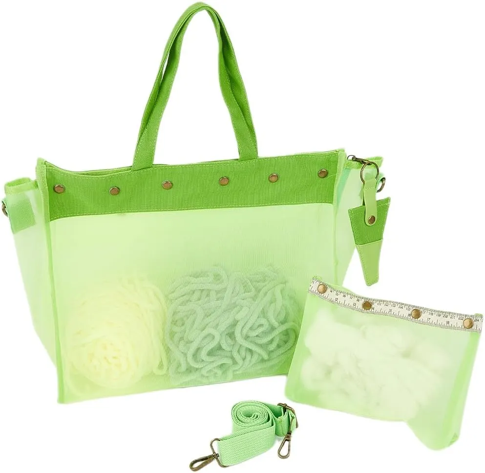 CRASPIRE Yarn Storage Bag Lightweight Mesh Yarn Bag with Case Detachable Shoulder Strap Ruler Scale Buckle Imitation Leather Keychain Portable Knitting Organizer for Knitting Crochet Supplies Green