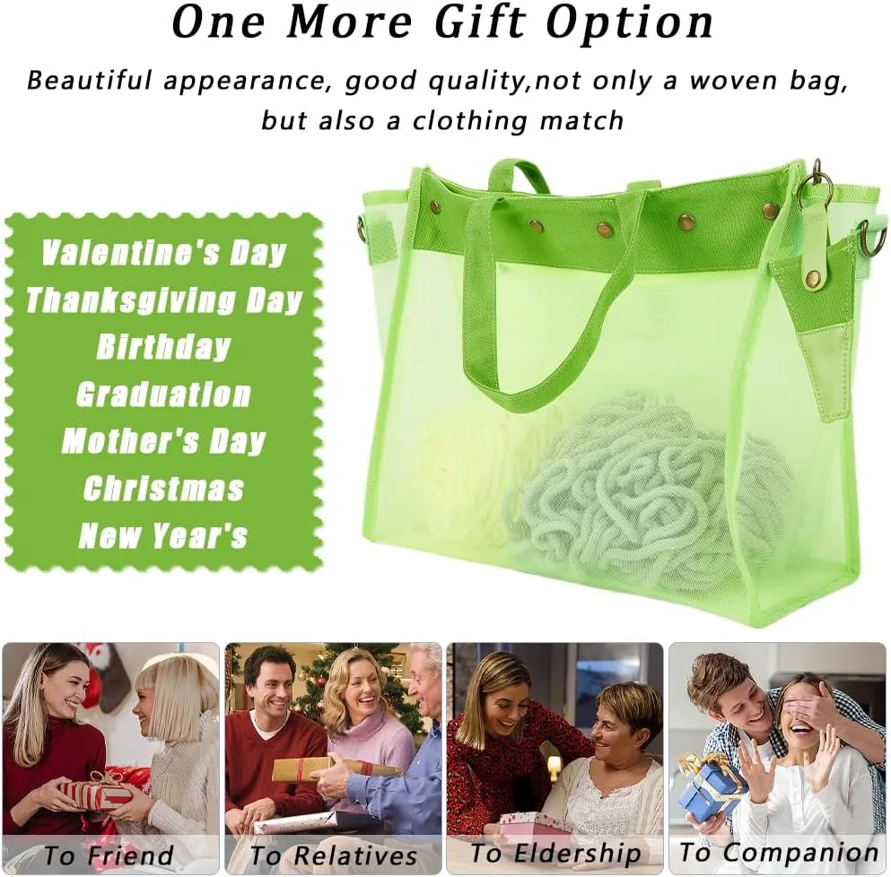 CRASPIRE Yarn Storage Bag Lightweight Mesh Yarn Bag with Case Detachable Shoulder Strap Ruler Scale Buckle Imitation Leather Keychain Portable Knitting Organizer for Knitting Crochet Supplies Green