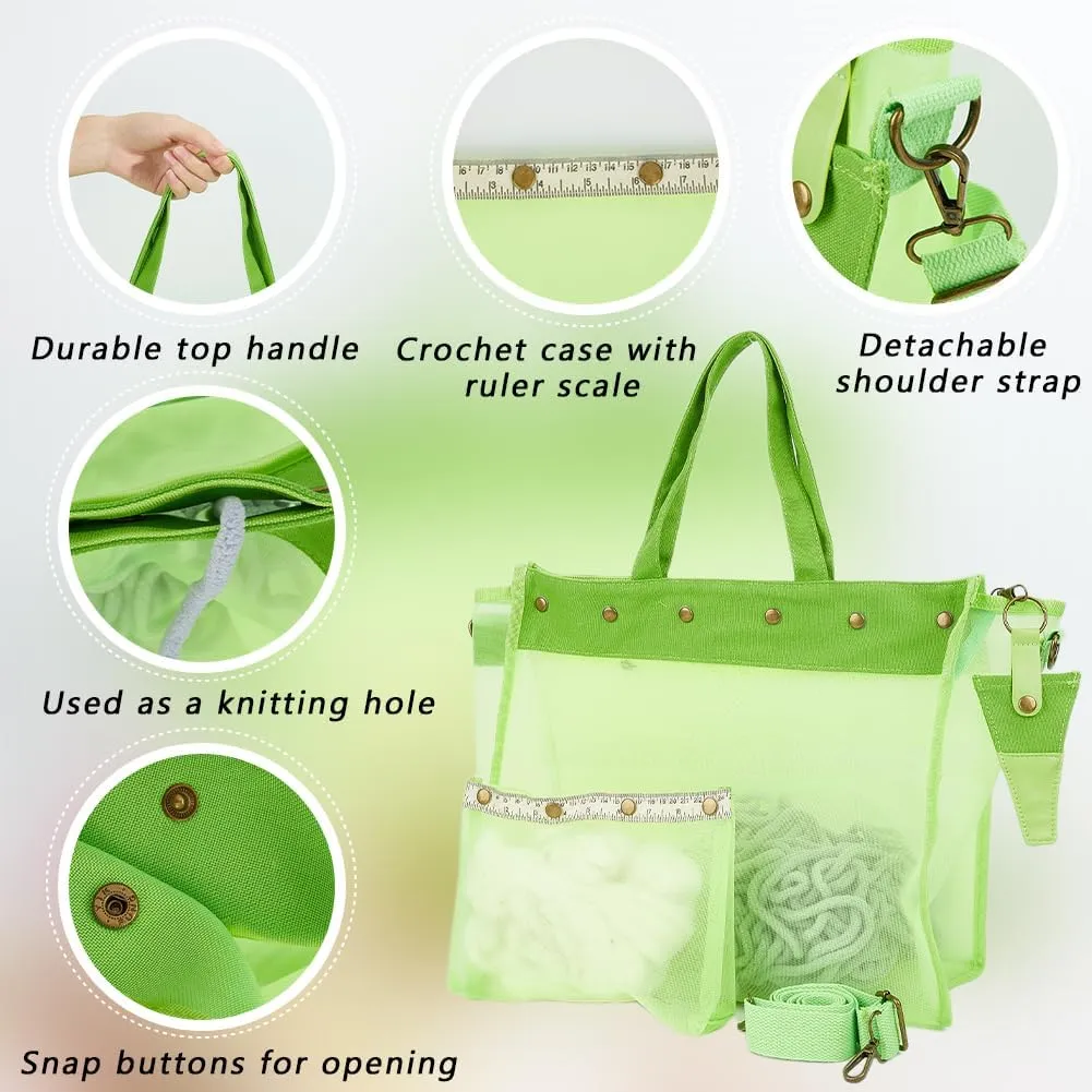 CRASPIRE Yarn Storage Bag Lightweight Mesh Yarn Bag with Case Detachable Shoulder Strap Ruler Scale Buckle Imitation Leather Keychain Portable Knitting Organizer for Knitting Crochet Supplies Green