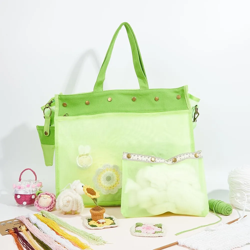 CRASPIRE Yarn Storage Bag Lightweight Mesh Yarn Bag with Case Detachable Shoulder Strap Ruler Scale Buckle Imitation Leather Keychain Portable Knitting Organizer for Knitting Crochet Supplies Green