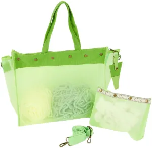 CRASPIRE Yarn Storage Bag Lightweight Mesh Yarn Bag with Case Detachable Shoulder Strap Ruler Scale Buckle Imitation Leather Keychain Portable Knitting Organizer for Knitting Crochet Supplies Green