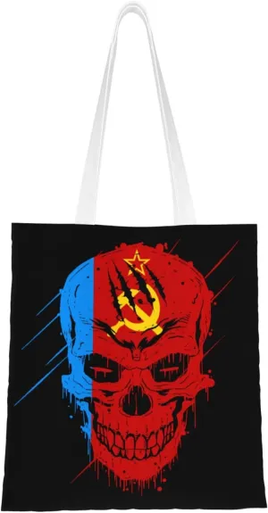 Creative Russian Soviet Federative Socialist Republic Patriot Skull National Flag Tote Bag for Women Canvas Shopping Bags Reusable Large Capacity Casual Shoulder Handbags Grocery Bags DIY Gift Bags