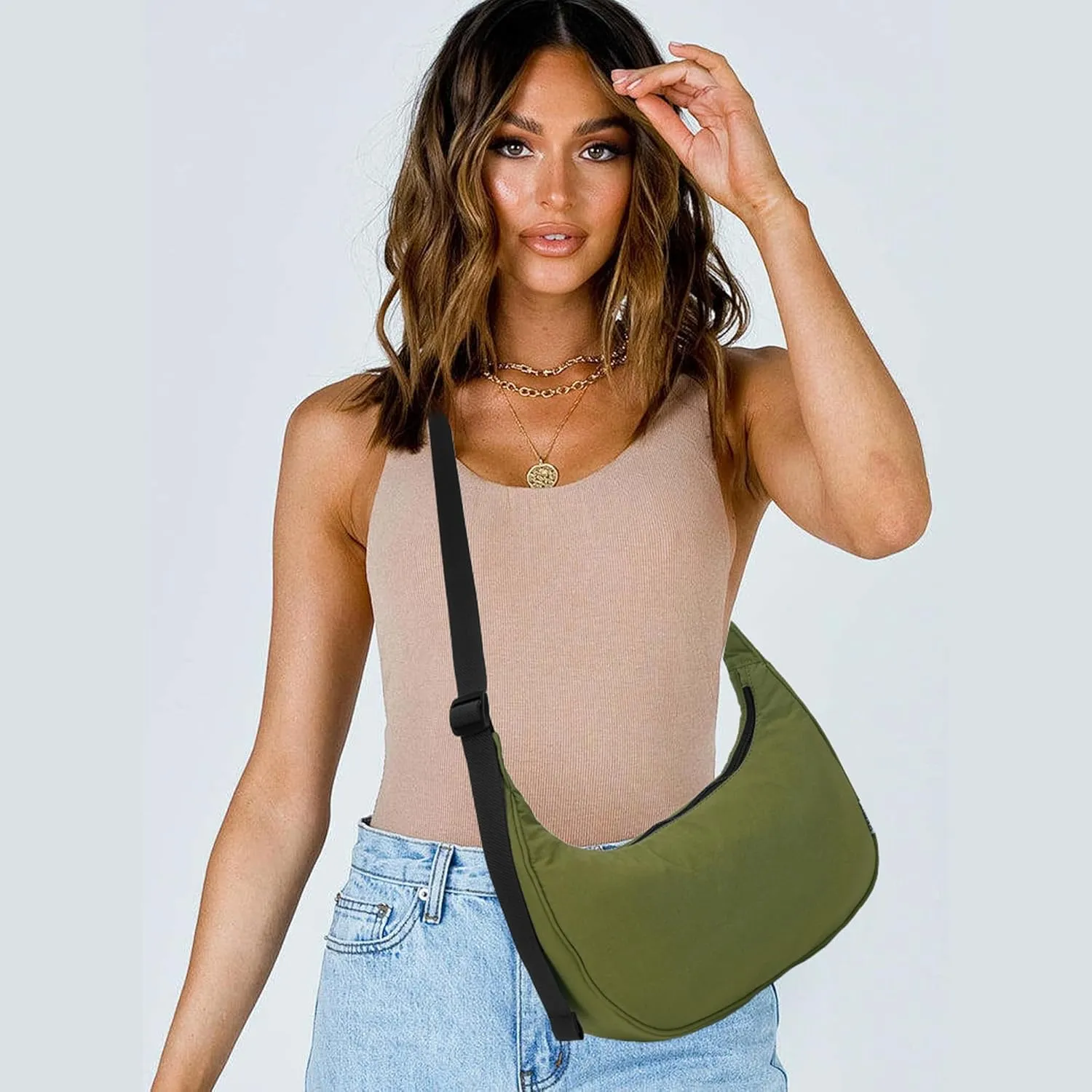 Crescent Bag For Women, Shoulder Bag Nylon Crossbody Bags For Women Multi-Pocket Sling Crossbody Bag Adjustable Strap