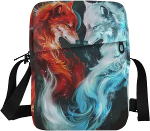 Crossbody Bag Fire Ice Blue Flame Foxs Animal Messenger Bag for Women Men Purse Shoulder Bag Satchel Bag with Adjustable Strap 214B6189
