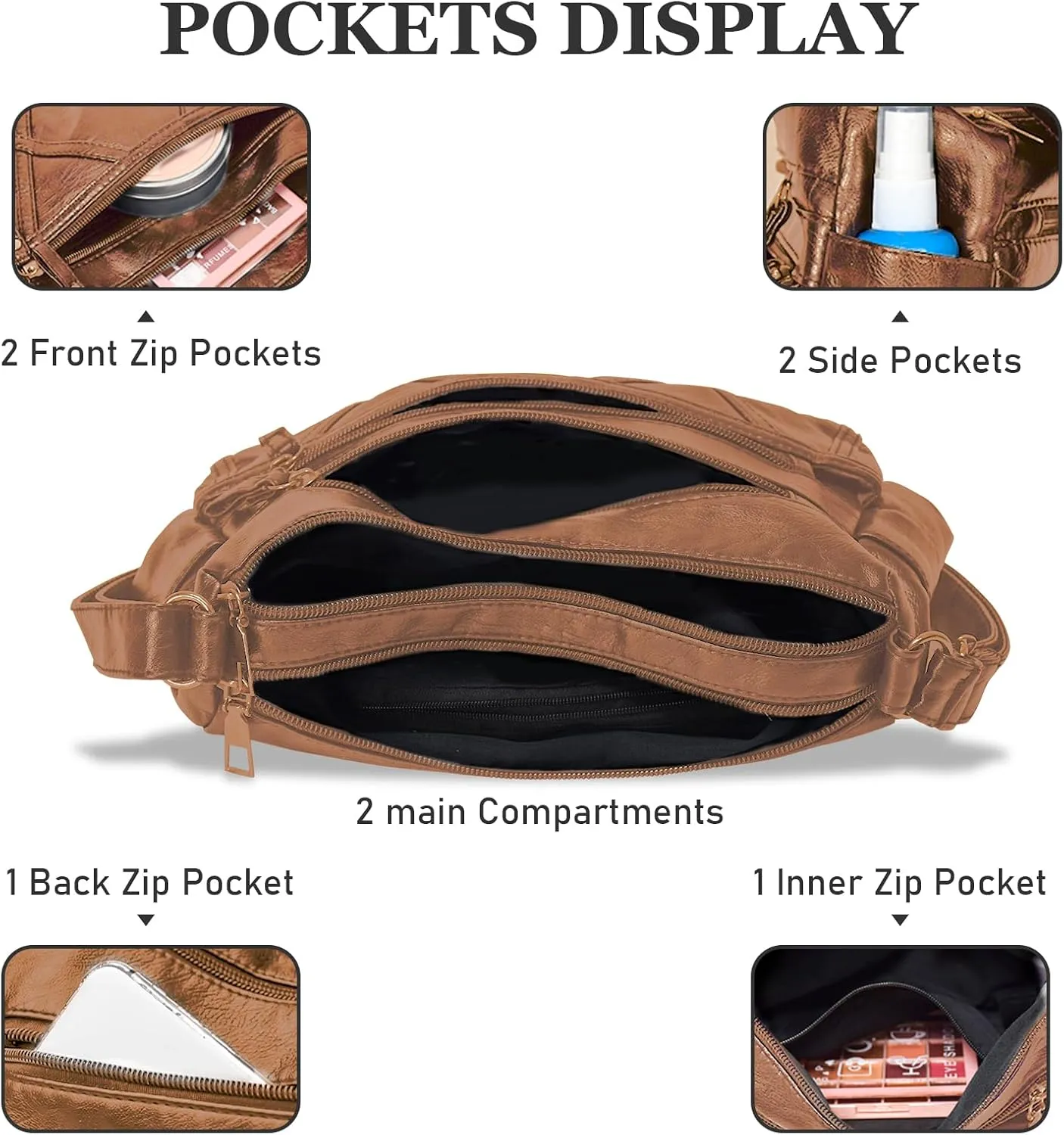 Crossbody Bag for Women Lightweight Shoulder Bags Ladies Soft PU Leather Handbags Multi Pocket Messenger Bags