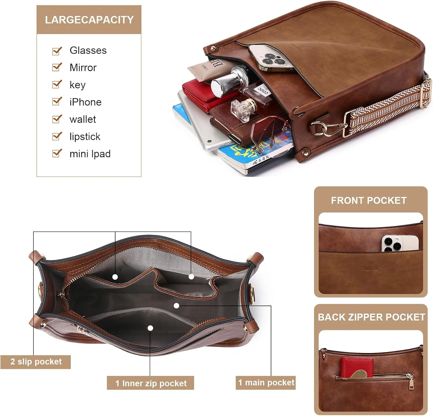 Crossbody Bag for Women Trendy Vegan Leather Hobo Handbags With 2PCS Adjustable Guitar Strap Shoulder Purse For Women…