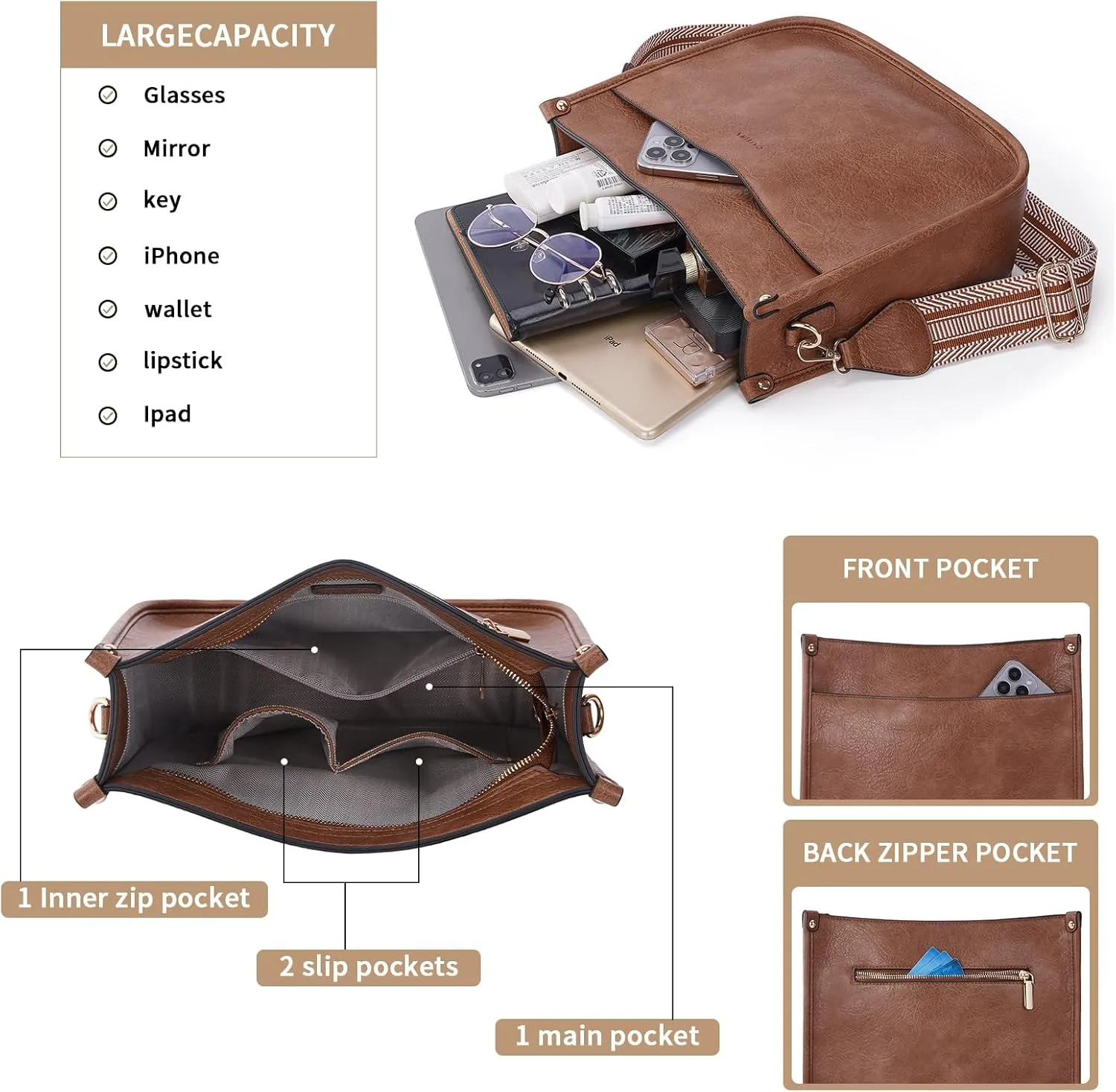 Crossbody Bag Women Vegan Leather Hobo Handbag Trendy Crossbody Shoulder Bag Purses For Women with 2 Adjustable Strap
