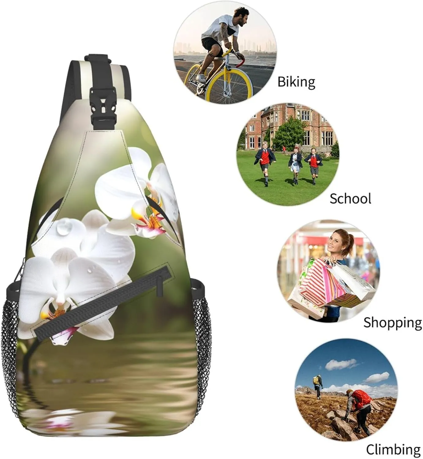 Crossbody Bags, White Orchid In The Pond Printed Fanny Pack,Sling Backpack,Multipurpose Crossbody Shoulder Bag Travel Daypack