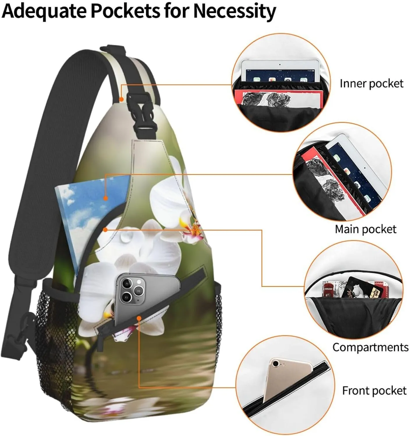Crossbody Bags, White Orchid In The Pond Printed Fanny Pack,Sling Backpack,Multipurpose Crossbody Shoulder Bag Travel Daypack