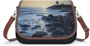 Crossbody Bag,Seaside Lighthouse Print Leather Crossbody Bag,flapover Crossbody Bag,crossover Shoulder Bag with Adjustable Strap & Flip