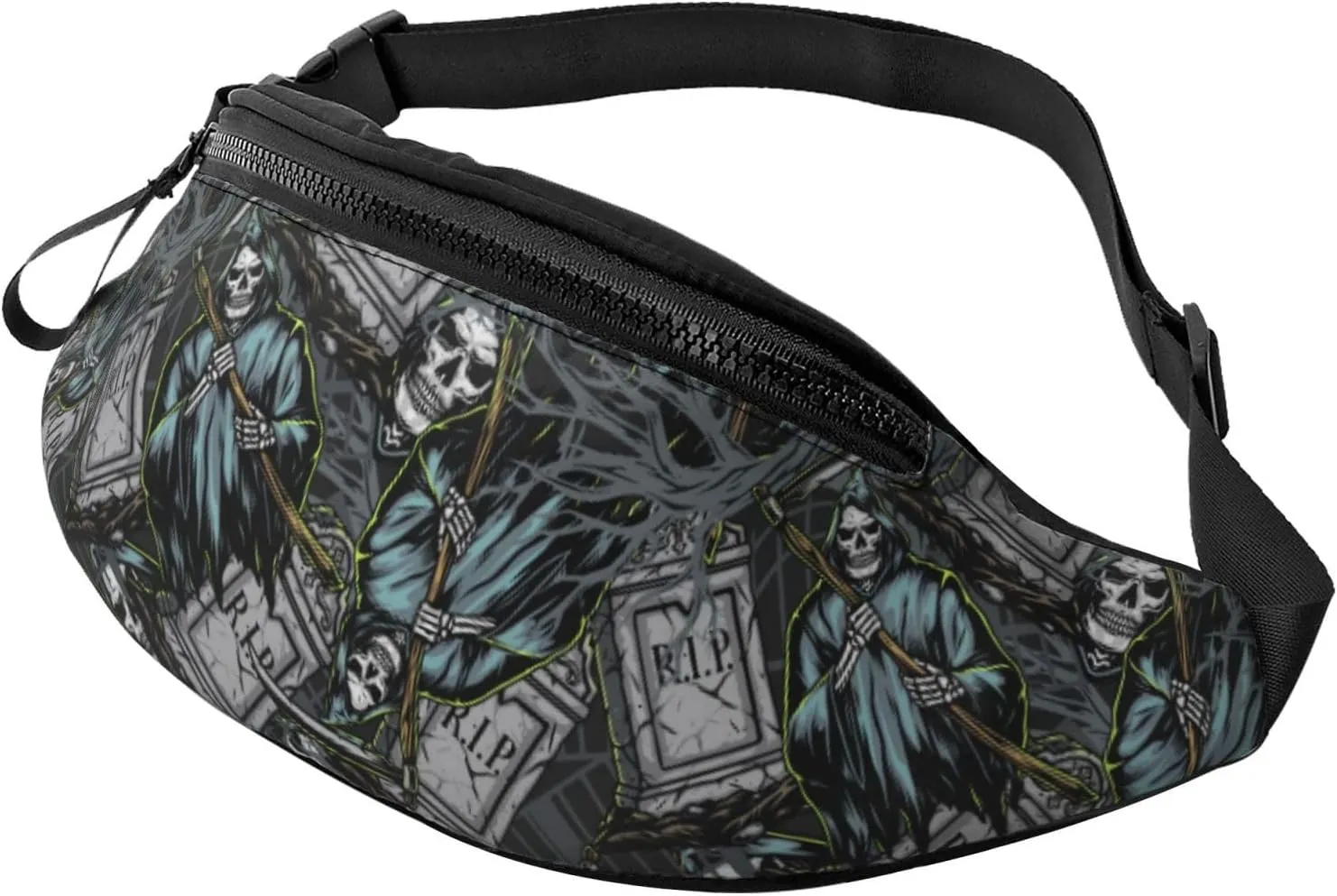 Crossbody Fanny Packs for Women Men - Grim Reaper Tombstones Pattern Running Belt Bag Travel Waist Bag for Women Mens