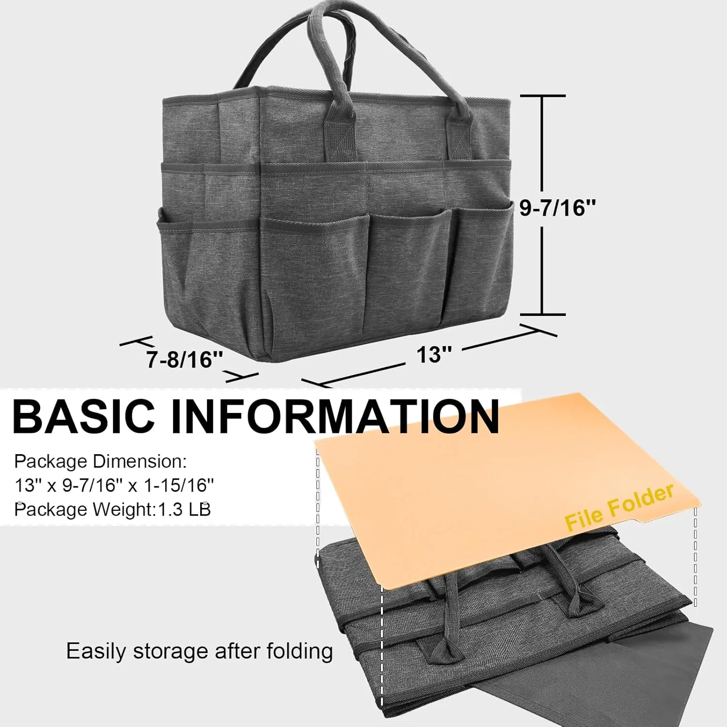 Cupohus Art Organizer Craft Storage Tote Bag with Pockets and Handles, Oxford Fabric Carrying Caddy for Teacher, Officer, Artist, Students, Traveler, and more –Grey