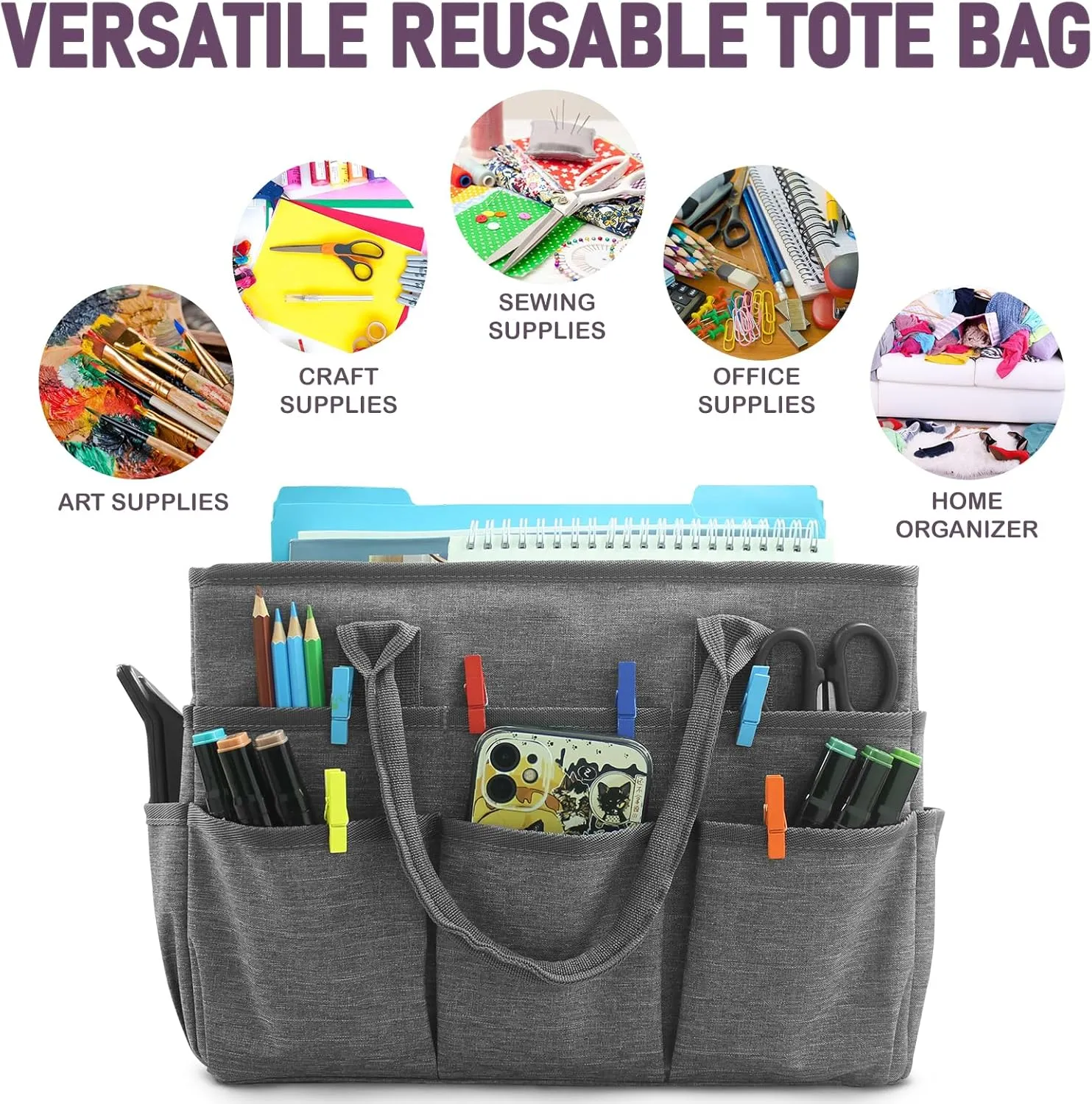 Cupohus Art Organizer Craft Storage Tote Bag with Pockets and Handles, Oxford Fabric Carrying Caddy for Teacher, Officer, Artist, Students, Traveler, and more –Grey