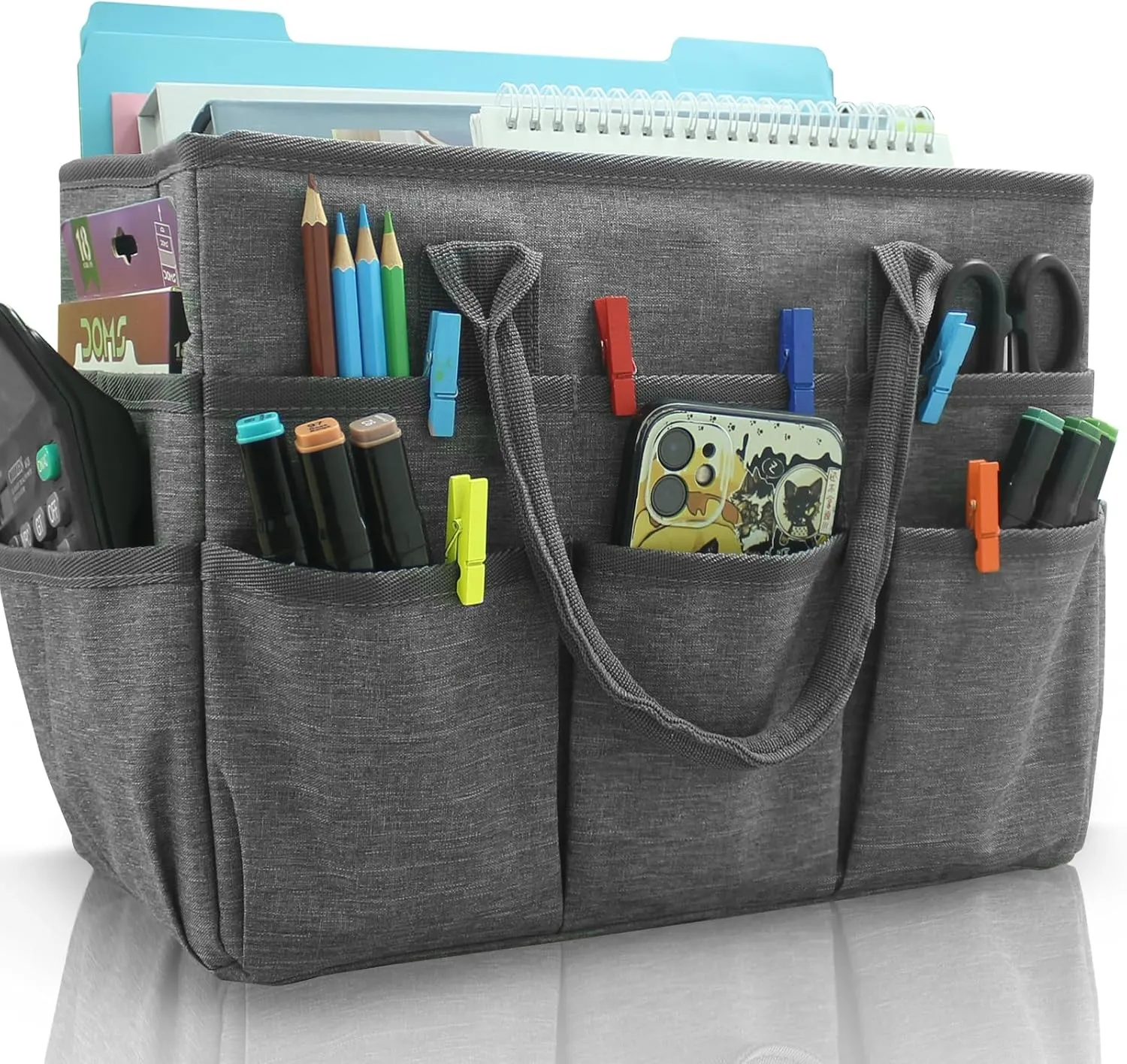 Cupohus Art Organizer Craft Storage Tote Bag with Pockets and Handles, Oxford Fabric Carrying Caddy for Teacher, Officer, Artist, Students, Traveler, and more –Grey