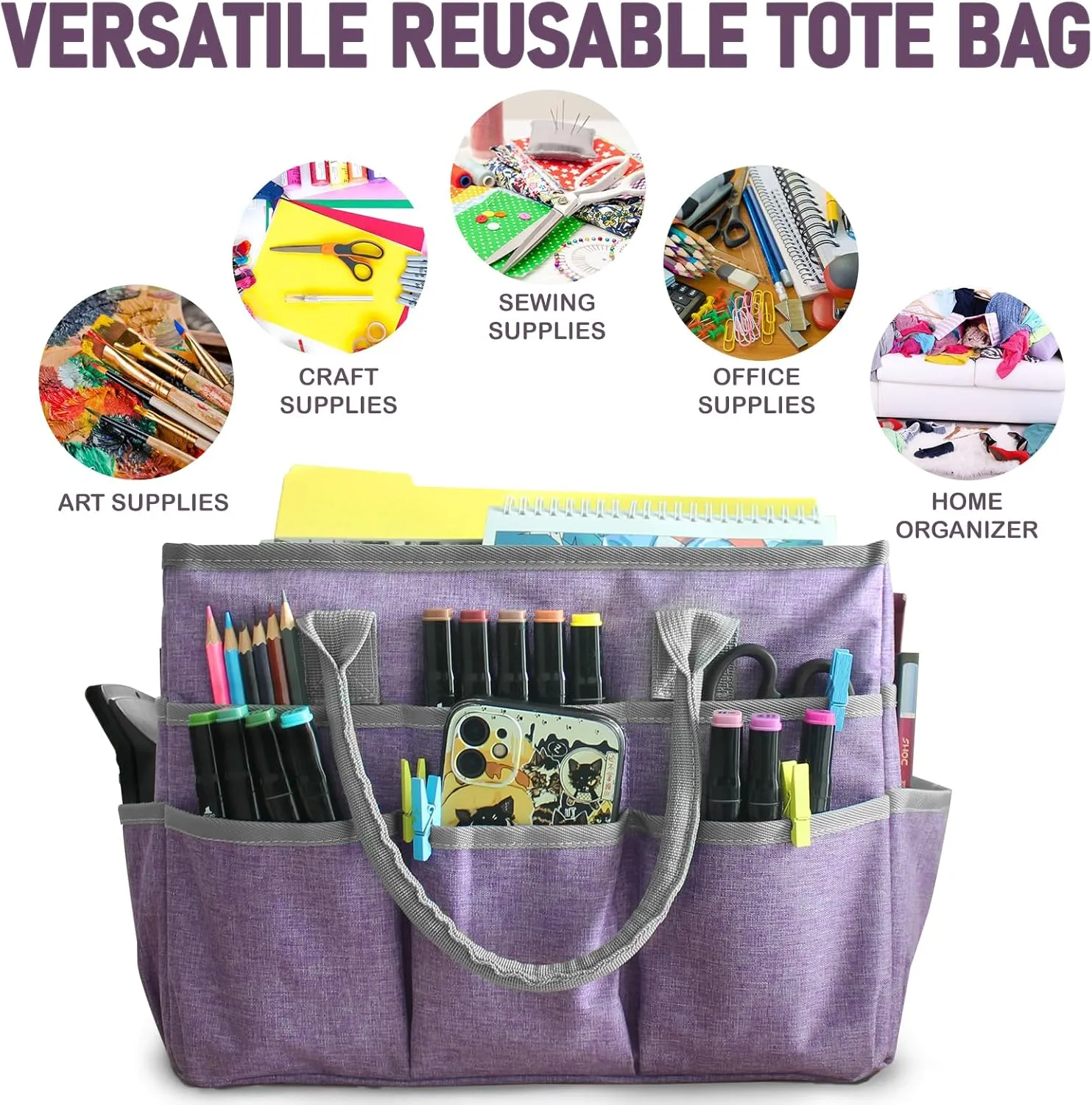 Cupohus Art Organizer Craft Storage Tote Bag with Pockets and Handles, Oxford Fabric Carrying Caddy for Teacher, Officer, Artist, Traveler, and more –Purple