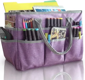 Cupohus Art Organizer Craft Storage Tote Bag with Pockets and Handles, Oxford Fabric Carrying Caddy for Teacher, Officer, Artist, Traveler, and more –Purple