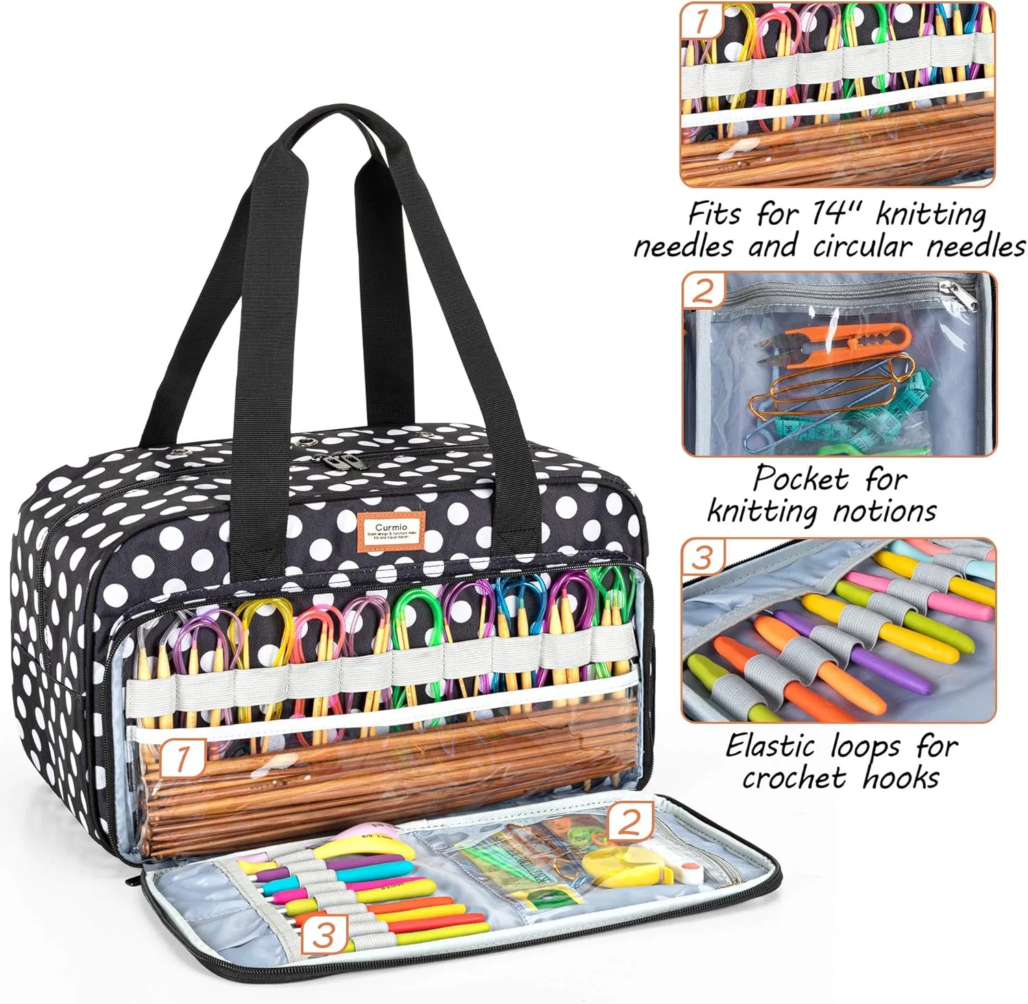 CURMIO Yarn Storage Bag, Knitting Tote Bag for Crochet Hooks, Knitting Project and Accessories, Ideal for Crochet Beginners and Knitting Lovers, Bag Only, Dots
