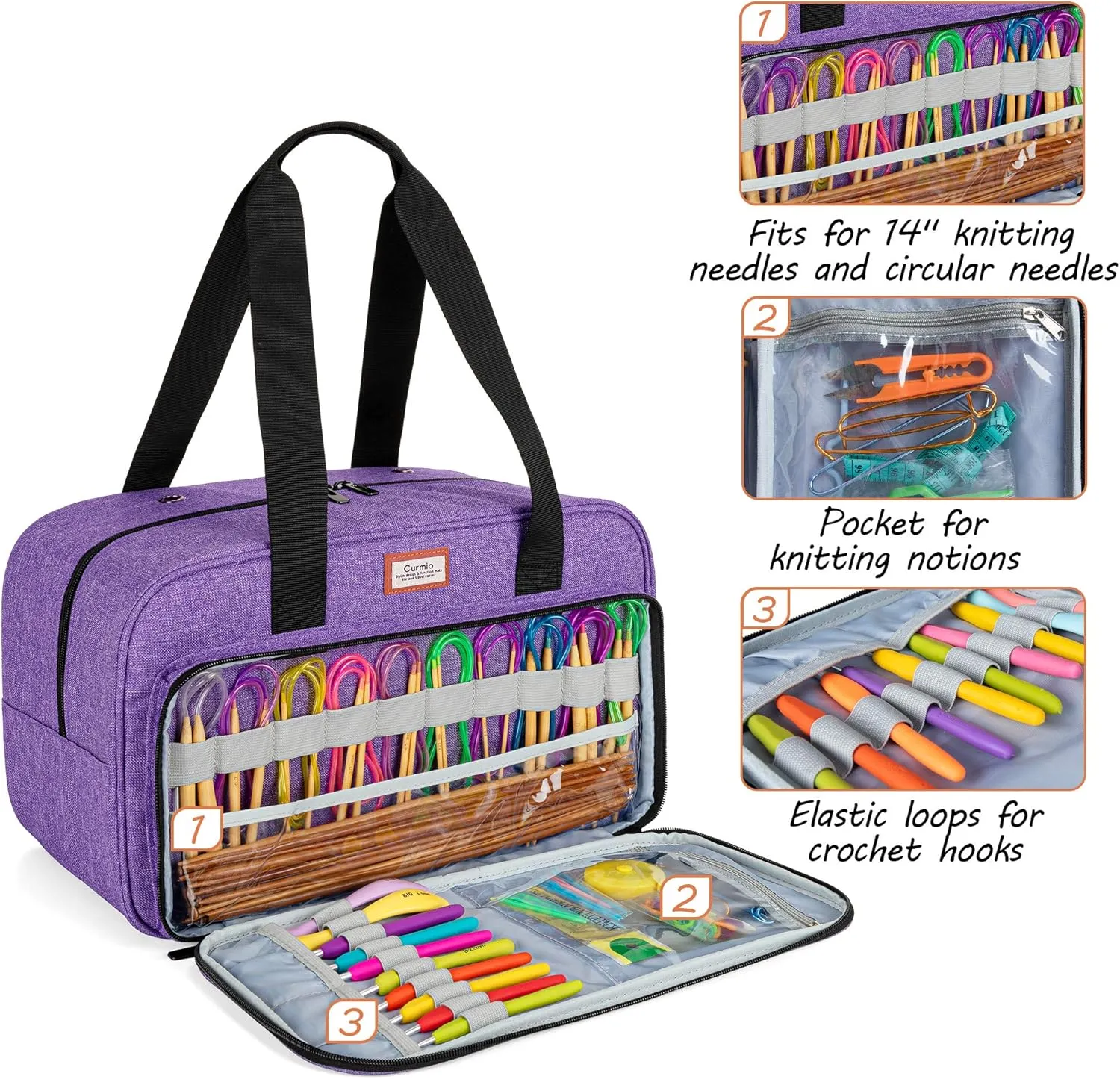 CURMIO Yarn Storage Bag, Knitting Tote Bag For Crochet Hooks, Knitting Project and Accessories, Ideal for Crochet Beginners and Knitting Lovers, Bag Only, Purple